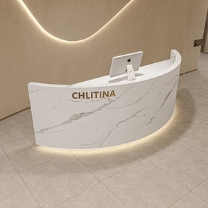 Petit comptoir de réception Institut de luxe Spa commercial <span class=keywords><strong>Banque</strong></span> incurvée Comptoir de réception de bureau en bois avec mur arrière - Product Image 5