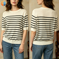 Pull en tricot rayé en mélange de laine pour femme 2026, anti-boulochage, décontracté, à manches courtes, col doux, pour usage quotidien, vente en gros OEM/ODM