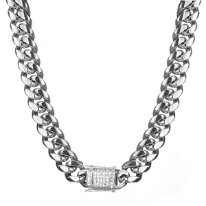 Stainless Steel Steel-Colored Cuban Chain with Micro-Paved <b>White</b> Zircon Buckle- Density Necklace (8-18mm Width) - Product Image 3
