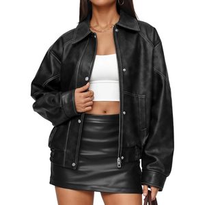 Womens Oversized Leather Bomber Jacket Full Sleeve Turn <b>Down</b> Collar Autumn Winter Coat - Product Image 1