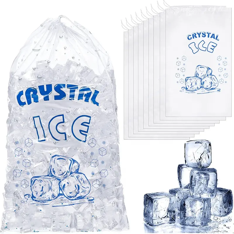 Pamuk çekme dize ile 8lb 10lb 20lb kristal şeffaf plastik buz torbası