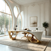 Escritorio Ejecutivo Moderno de Lujo de Fibra de Vidrio con Superficie Blanca Brillante y Base Escultural Hueca Dorada para Uso en el Hogar, Estudio u Oficina
