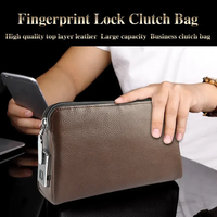 Echte lederen portemonnee met vingerafdrukslot, luxe herenhandtas, zwarte lederen rits-clutch voor heren