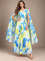 Nouvelle Arrivée Robe Femme Plissée Grande Taille Col V Manches Cape Imprimé Floral Ceinture Perlée Élégante Vente en Gros Style Miyake