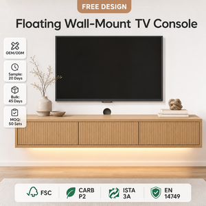 Console murale flottante personnalisée pour téléviseur, en chêne <span class=keywords><strong>clair</strong></span>, avec porte cannelée et éclairage LED sous l'armoire, fabricant OEM de meubles Japandi - Product Image 1
