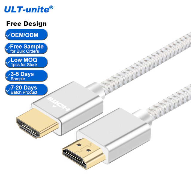 ULT-unite Whosale HDMI 2.0 Cable UHD 4K 60Hz Silver Color Gold Plated Aluminium Alloy Shell 2M Support OEM Packaging