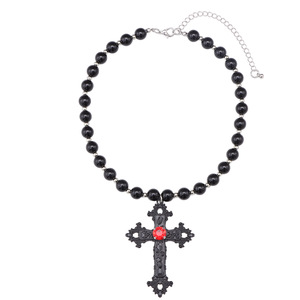 Collar con colgante de cruz, gargantilla gótica con cuentas negras y piedra roja para uso diario - Product Image 5
