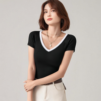 T-shirt d'été Aottori pour femme, col en V, tricoté, respirant, uni, à manches courtes, côtelé, coupe ajustée, extensible, décontracté, noir, taille L