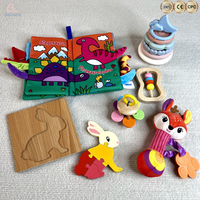 Ensemble de jouets sensoriels Montessori 6 en 1, hochet en bois écologique et livre en tissu avec animaux, jouet en silicone à empiler, puzzle 3D, coffret cadeau pour tout-petits