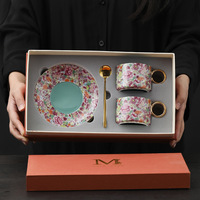 Ensemble tasse à café et soucoupe en porcelaine florale avec poignée dorée, mug à motif Millefleur avec cuillère dans un coffret cadeau