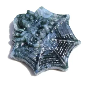 Alta Qualidade Ágata Musgo Natural Mão Esculpida 4.5 Palm Cristal Animal Web Aranha Escultura Para Decoração De Casa