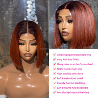 Perruque de Cheveux Humains Naturels Bruts Vietnamiens Ombrés Roux-Marron Gingembre, Courts Carrés, Fermeture en Dentelle HD Sans Colle, Prix de Gros Abordables
