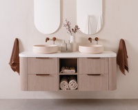 Meuble-lavabo flottant moderne Cavio avec vasque en céramique intégrée, armoires de salle de bain personnalisées en matériaux bois durables