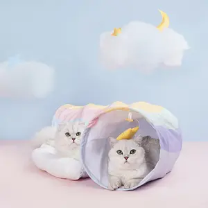 2-in-1 Cat Play Tunnel Bed Foldable Crinkle Rainbow Removable Mat Or Pet Cats Kittens Puppies Rabbits Bunnies Ferrets