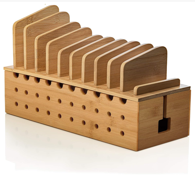 Bamboo Durable Floor Type Dock Cord Desk Organizer Rack Multi-Device Charging Station Phones Tablets Power Strip Storage Home