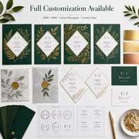 Suite d'invitations de mariage de luxe vert émeraude avec feuille botanique dorée, insert diamant, enveloppe en vélin et sceau de cire – Vente en gros