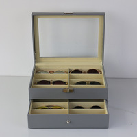 Boîte à lunettes de soleil en cuir personnalisée de luxe Organisateur gris à double tiroir Forme rectangulaire pour vitrine de rangement de lunettes