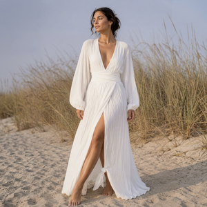 Robe longue blanche à col en V profond et manches longues, fente haute, style bohème, cache-maillot de plage, sexy, pour vacances d'été et soirées, 100% coton, coupe moderne - Product Image 1