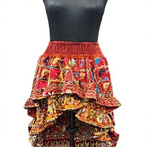 Bohemian Asymmetrical Maxi <b>Skirt</b> Women <b>Elastic</b> <b>Waist</b> Hand Embroidered Ruffles Geometric Pattern Breathable Cotton Ankle ODM - Product Image 3