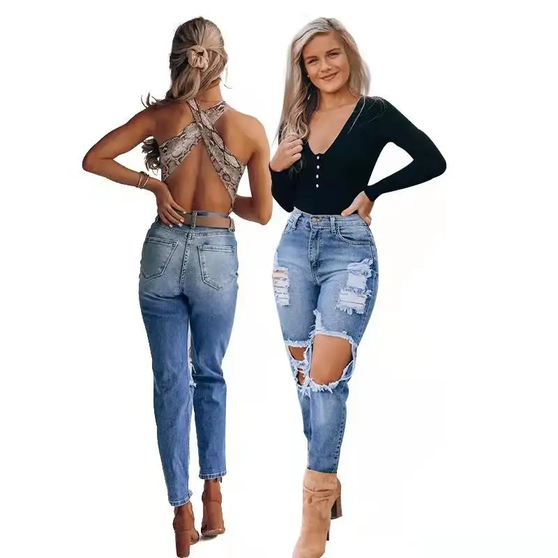 2022 Ladies Scratch Damaged Hole Röhrenjeans mit hoher Taille Jeans hose Dar Kot Kalca Mujer Blue Mom Zerrissene Röhrenjeans für Frauen
