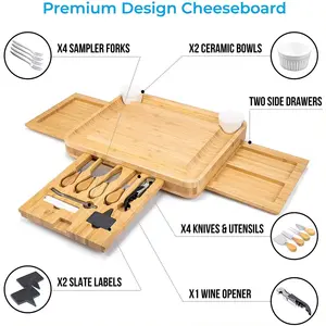 Papan keju bambu papan Charcuterie kayu grosir menyajikan papan keju dan pisau set dengan 3 Slide-Out laci yang dapat dilepas