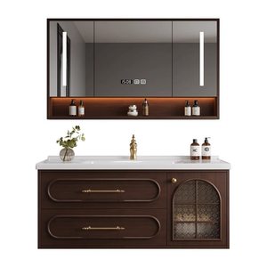 French Vintage Oak Bathroom Vanity with Smart Mirror & Ceramic Basin – Elegant Wall-Mounted Storage for Modern Bathrooms - Product Image 1