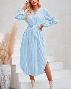 Abito Midi a Righe con Scollo a V per Donna, Maniche Arricciate, Cintura in Vita, Spacco Laterale, Vestito Estivo Casual a Maniche Lunghe per Feste e Uso Quotidiano - Product Image 3