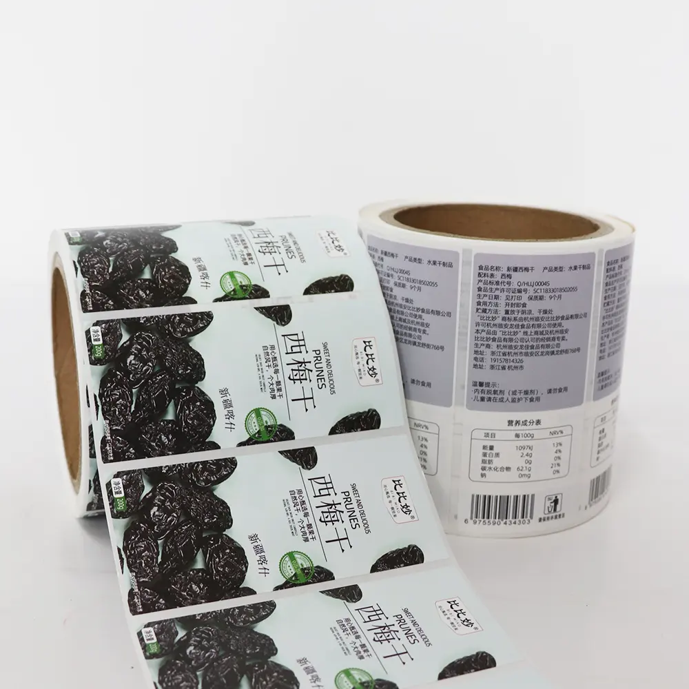 Haute qualité personnalisé imprimé rouleau autocollants adhésifs fruits secs collations verre pot en plastique étiquette d'emballage pour les aliments