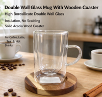 Mug en verre borosilicate à double paroi, tasse à café transparente avec poignée, sous-verre en bois d'acacia, 79 ml, pour thé, latte