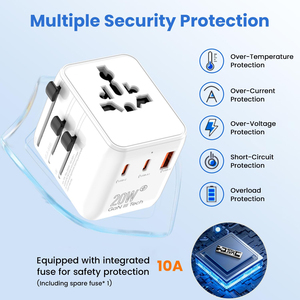 UK US EU 20W GaN III Fast Charging <b>Travel</b> Adapter Dual USB-C & USB-A Ports with 2 AC Outlets & Dual 10A s Wall <b>Charger</b> - Product Image 6
