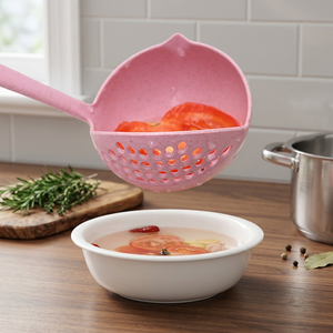 Louche à soupe en plastique avec passoire 2-en-1, cuillère égouttoir, manche long en paille de blé écologique pour la maison, la cuisine et les coffrets cadeaux - Product Image 5