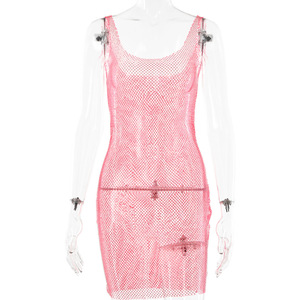 Vestido de noche de malla con pedrería, cuello redondo, falda corta, transparencias y aberturas, a la moda - Product Image 5