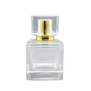 Empty 50ml square cube fancy glass spray pump perfume bottle 1.7 oz crimp neck glass perfumes spray bottle with cap