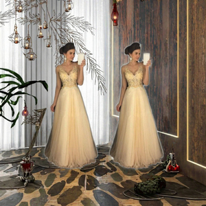 S-XL Summer Sexy Sequin Lace Chiffon Floor-Length A-Line Party Evening Dress <b>Perspective</b> Sleeveless V-neck - Product Image 3