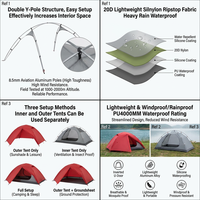Tente de randonnée ultra-légère à double couche, professionnelle, anti-pluie, anti-vent, pour le camping en toutes saisons, 220x135x108cm >3000mm
