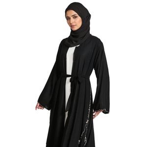 Vestido Kaftán Musulmán Casual de Primavera para Mujer, Elegante y de Lujo, Personalizado por LEDUO, con Bordado de Corazón, Ribete en Contraste y Cinturón en la Cintura - Product Image 1