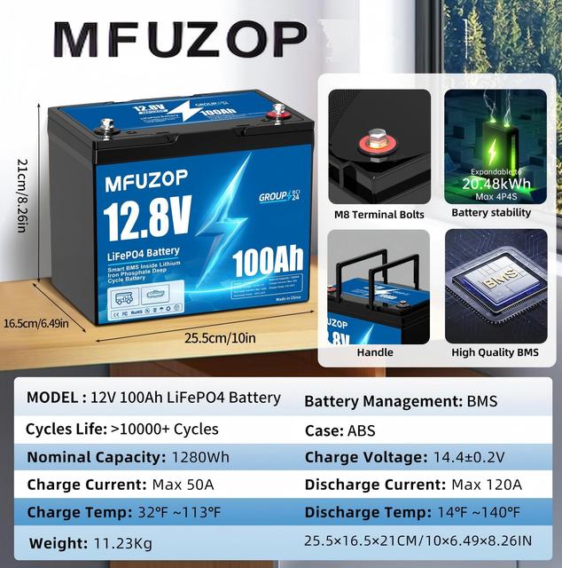 PL 12.8V 100Ah LiFePO4 Battery 1280Wh 12V Lithium Iron Phosphate Energy Storage Battery IP67 for Solar/RV 100A Charge/Discharge