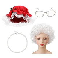 Ensemble d'accessoires pour femme adulte : Bonnet de Père Noël en dentelle, perruque bouclée blanche, lunettes, collier de perles, gants rouges – Idéal pour fête de Noël et cosplay