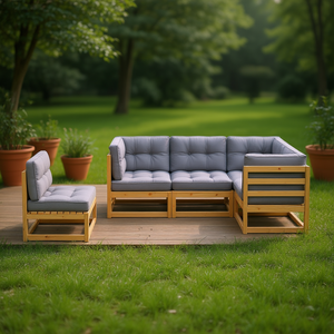 Ensemble de salon de jardin en pin naturel avec coussins gris, 4 places, mobilier d'extérieur, style scandinave - Product Image 2