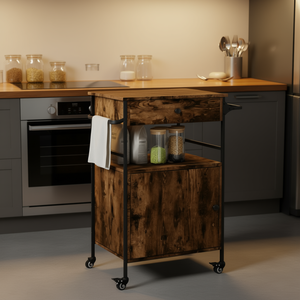 Smoked Oak Engineered Wood <b>Kitchen</b> Trolley 22x16.9x35.2 With Wheels 1 Drawer 2 <b>Shelves</b> Modern Design - Product Image 2