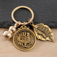 Porte-clés vintage en laiton avec breloques zodiaque chinois, gourde et feuille de monnaie, porte-bonheur Feng Shui pour la chance et la prospérité, cadeau