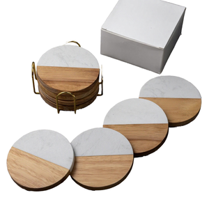 USA Warehouse Eco-Friendly Country Style 4pcs Wooden <b>Coasters</b> <b>Set</b> with Holder and Box Package 10mm Thick Round Design - Product Image 1