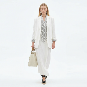 Blazer élégant en <span class=keywords><strong>lin</strong></span> blanc à rayures fines, double boutonnage, boutons dorés, revers crantés, sur mesure pour <span class=keywords><strong>femme</strong></span>, idéal pour le bureau - Product Image 5