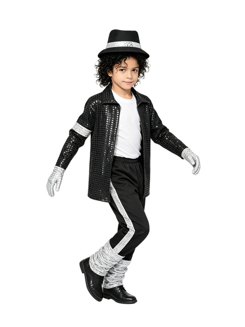 Kids Pop Star Costume Boys Michael Classic Dance Outfit With Hat Sequin Jacket Pants Set for Halloween Cosplay Party Costumes