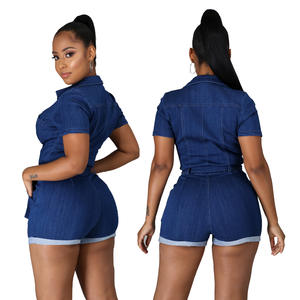 Combinaison courte en jean pour femme, manches courtes, avec ceinture, tendance été - Product Image 2