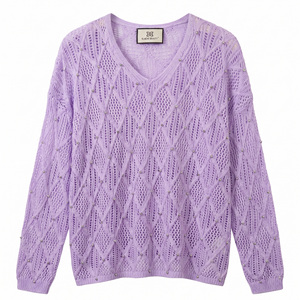<span class=keywords><strong>Pull</strong></span>-over élégant en maille ajourée perlée pour femme, col en <span class=keywords><strong>V</strong></span> blanc, fabrication artisanale de qualité supérieure, style boutique, vente en gros - Product Image 1