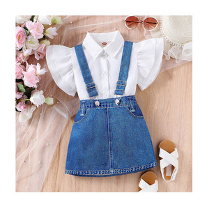 Ensembles de vêtements pour filles de 3 à 7 ans, chemisier à manches bouffantes, salopette en jean, robe, 2 pièces, vêtements élégants pour filles, vêtements d'été pour enfants - Product Image 1