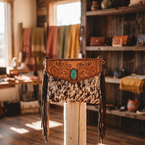 Unique High Quality Bohemian Fashion Two Straps Zip Closure Hair Leather Floral Tooled Crossbody Sling <b>Bag</b> Western <b>Long</b> Tassel - Product Image 3