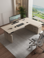 Table d'angle en L électrique réglable en hauteur, surface en cuir, structure métallique, design double face pour e-sport, étude et bureau