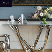 Table console murale en acier inoxydable de luxe moderne avec plateau en cuir, design semi-circulaire pour salon, entrée